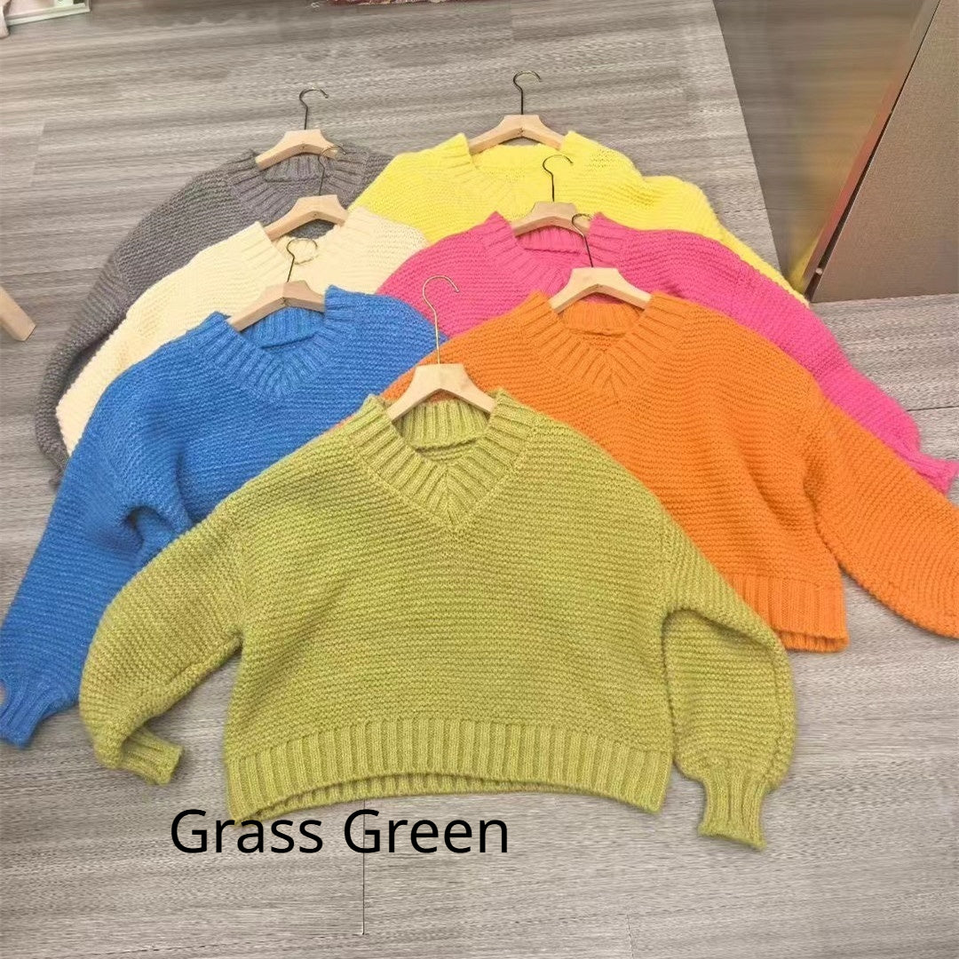 V-neck Loose-fit Long-sleeve Chunky-knit Sweater