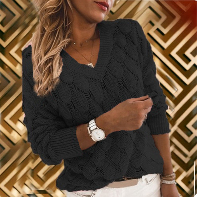 Knitted Sweater with Feather Detailing Hollow Out Design V Neck and Long Sleeves