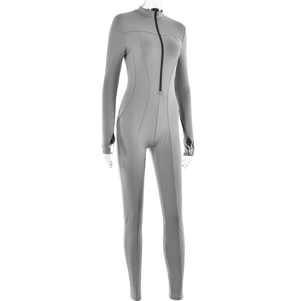 Women's Long-Sleeve Zip-Up High-Waist Jumpsuit