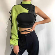 Irregular Backpack Buckle Long‑Sleeve Ribbon Blouse