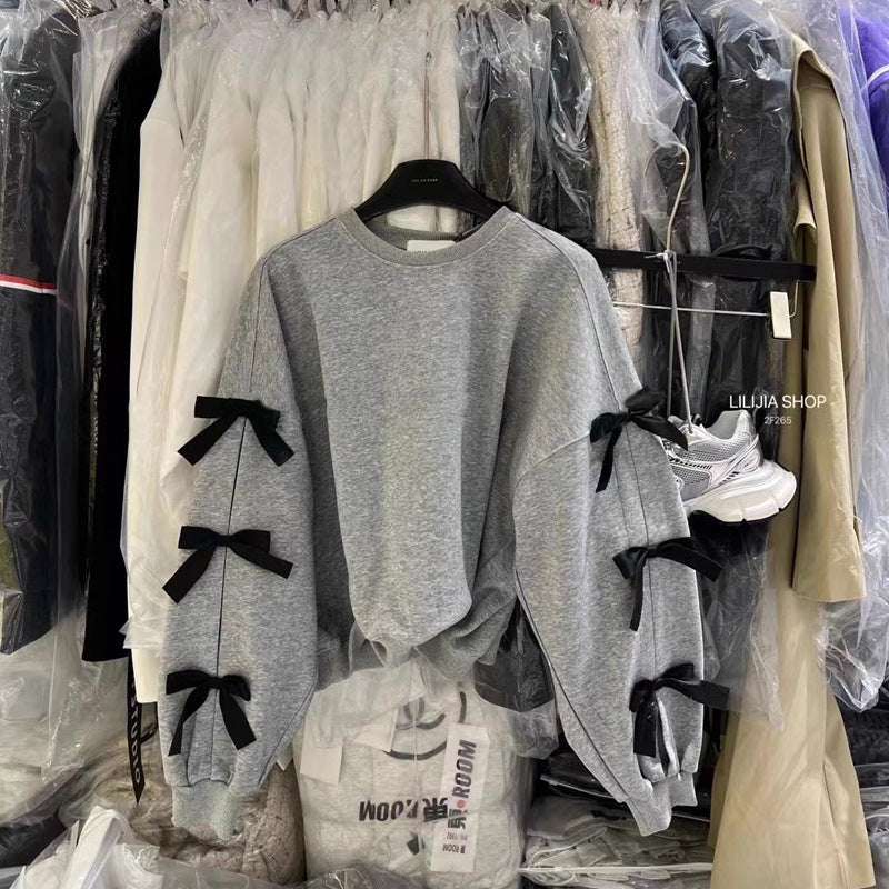 Bow Round Neck Long-sleeved Shirt Sweater