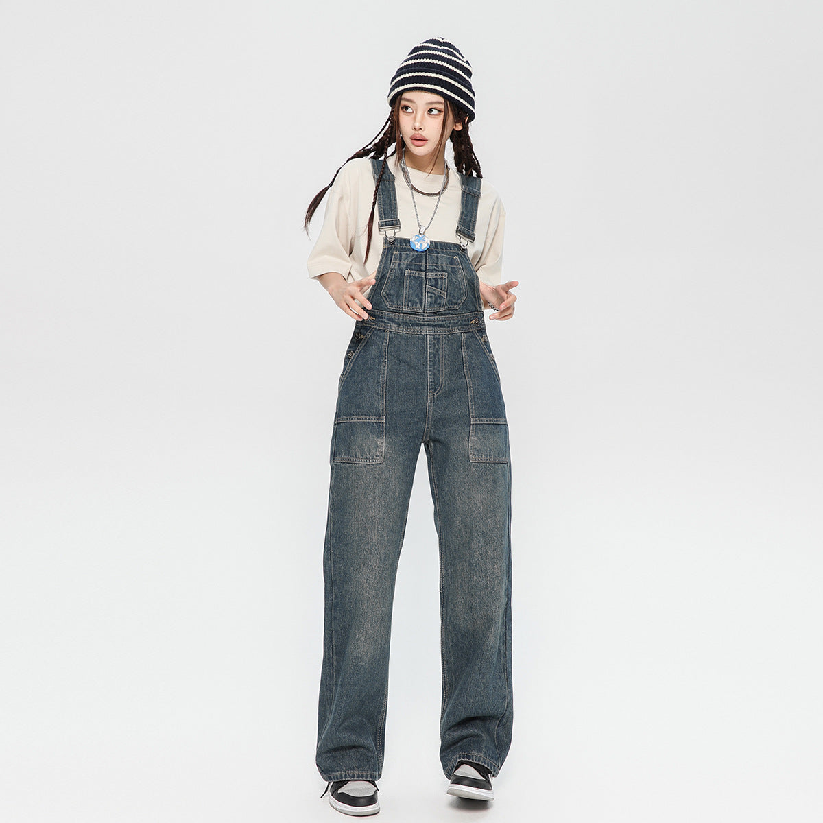 Denim Suspender Pants Women's Design Sense Loose Washed-out