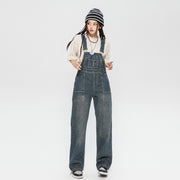 Denim Suspender Pants Women's Design Sense Loose Washed-out