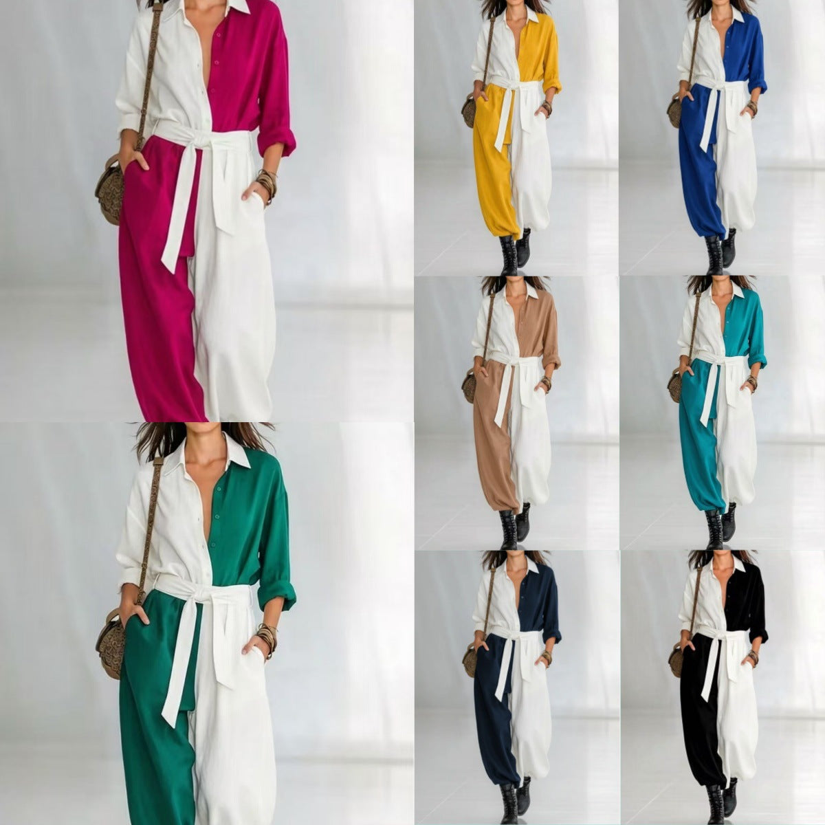 Spring Solid Colored Patchwork Long Sleeve Shirt Lace Up Jumpsuit