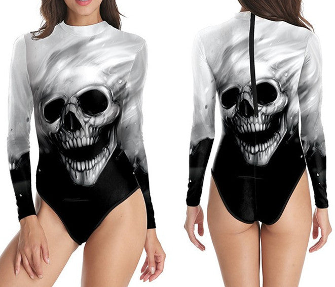 Women's Long-sleeved 3d Digital Printing Skull Skeleton One-piece Swimsuit