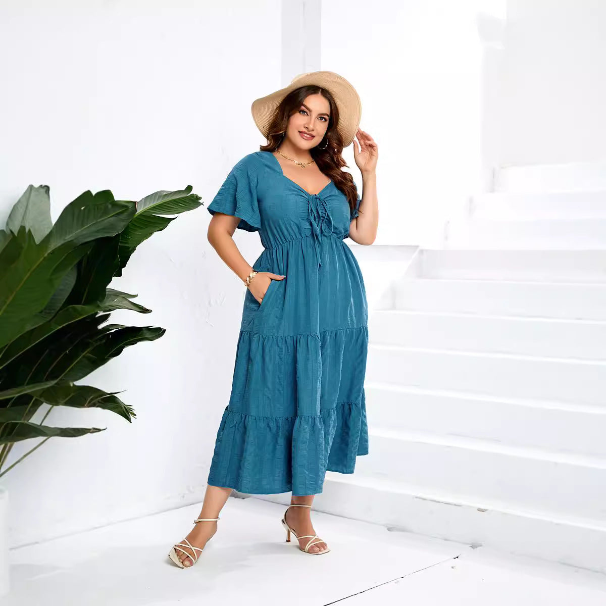 Womens Solid-color V-neck High-waisted Dress