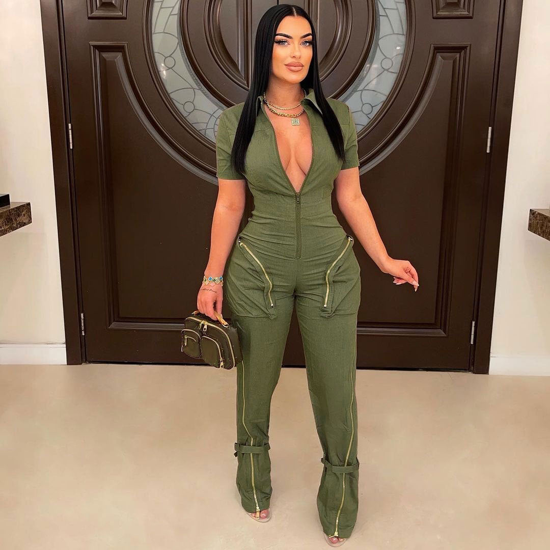 Summer Zipper Workwear With Pocket Jumpsuit