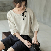 Retro Contrast Linen‑Cotton Top – Bright Yellow Short‑Sleeve