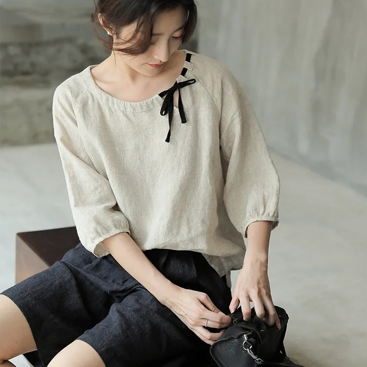 Retro Contrast Linen‑Cotton Top – Bright Yellow Short‑Sleeve