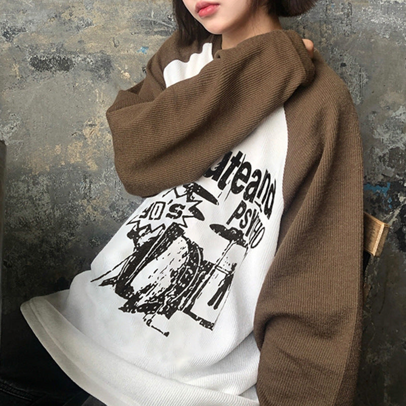 Retro Contrast Color Printed Casual Pullover Sweater