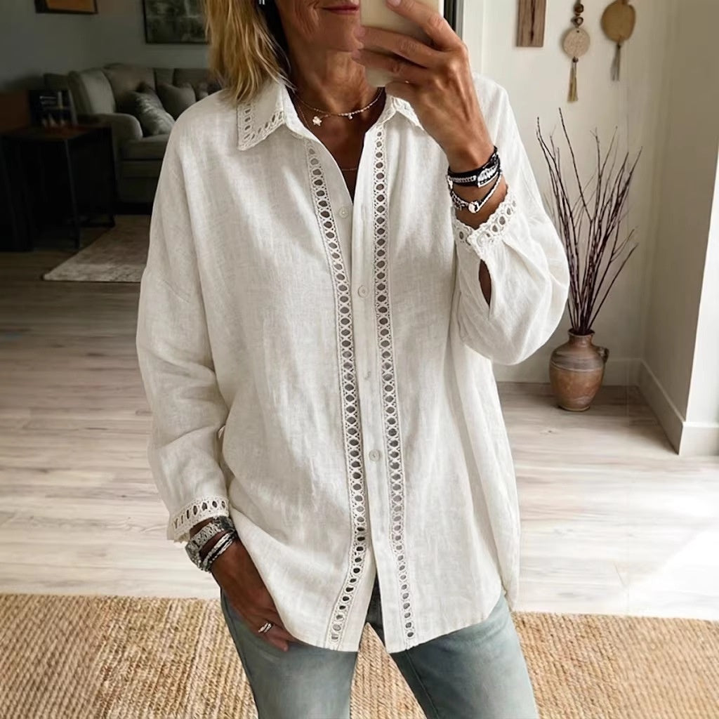 Womens Solid-Color Lace-Patchwork Long-Sleeve Shirt