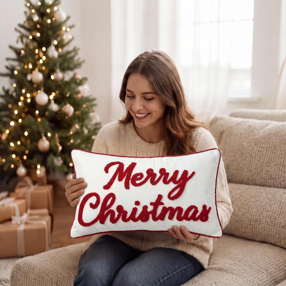 Merry Christmas Embroidered Throw Pillow Cover, Holiday Lumbar Cushion Case for Sofa Couch