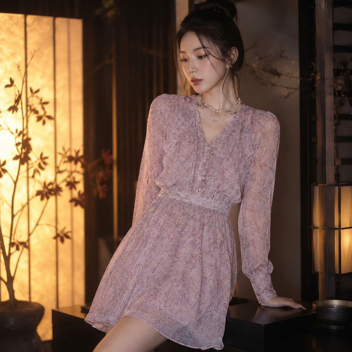 Ruffled Long-sleeve Waist-cinching Cropped Style for Petite Figures
