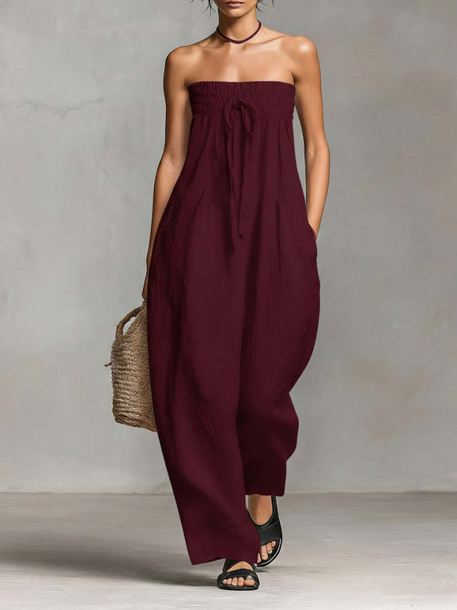 Chic Strapless Smocked Jumpsuit & Tie Detail Playsuit