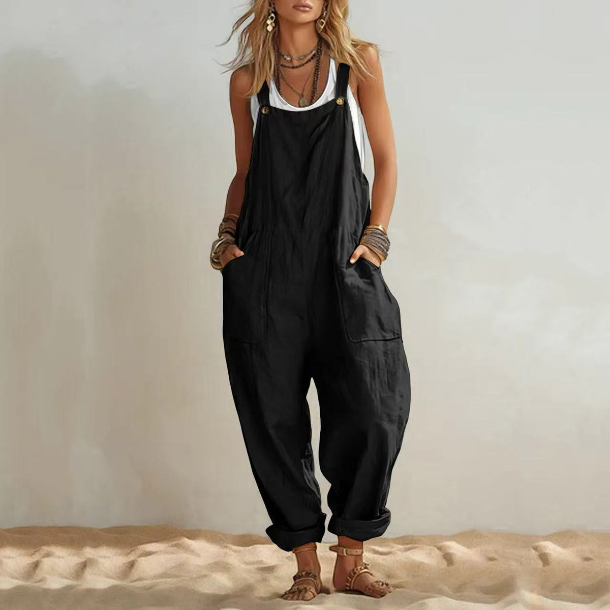 Women's Casual Sleeveless Loose Patch-Pocket Jumpsuit