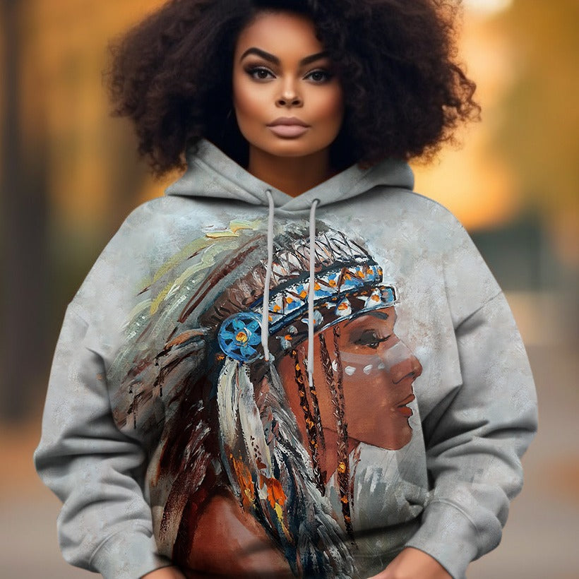 Women's 3D Printed Retro Art Long Sleeve Casual Hoodie