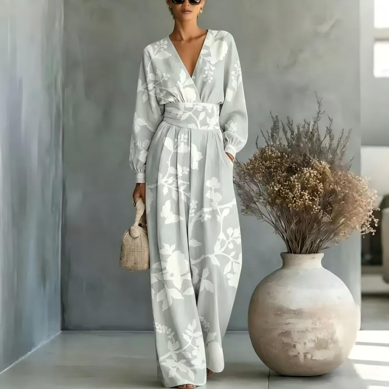 V-neck Long-sleeve Womens Printed Jumpsuit