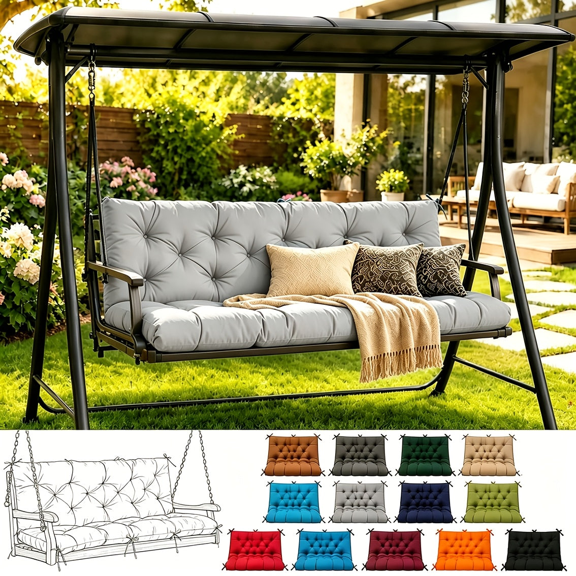 Porch Swing Cushions, Outdoor Replacement Cushions with Backrest, Waterproof Bench Cushion with Ties, for Patio Porch Garden Backyard, 5In 60 Inch 3 Seater, Sky Blue 60 X 40In 47 X 40In 40 X 40In