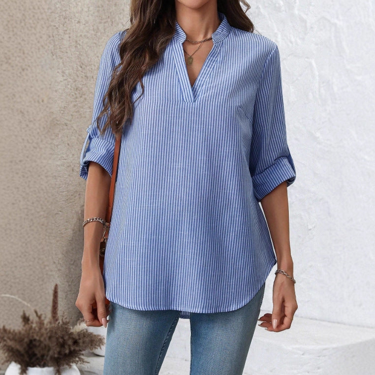 Women's V-Neck Casual Striped Printed Long-Sleeve Shirt