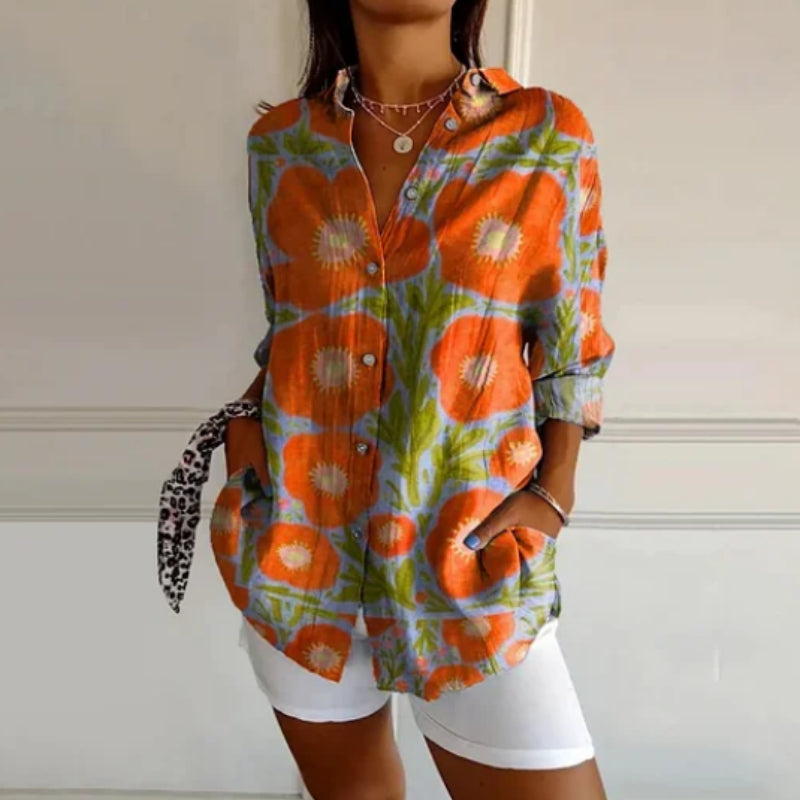 Orange Women's Floral Pattern Art Print Casual Cotton Linen Long Sleeve Shirt