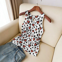 Leopard-print Knitted Vest Crew Neck Slim-fit