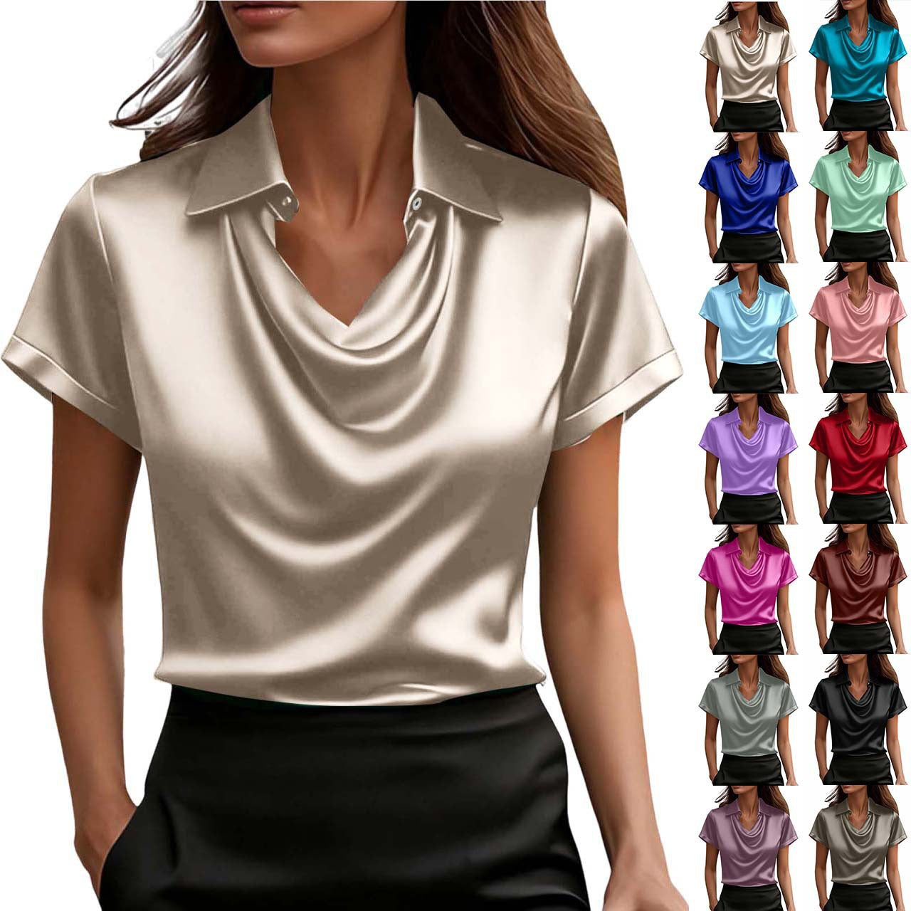 Fashion Short-Sleeved Shirt Summer Casual Solid-Color Lapel Tops Women's Clothing