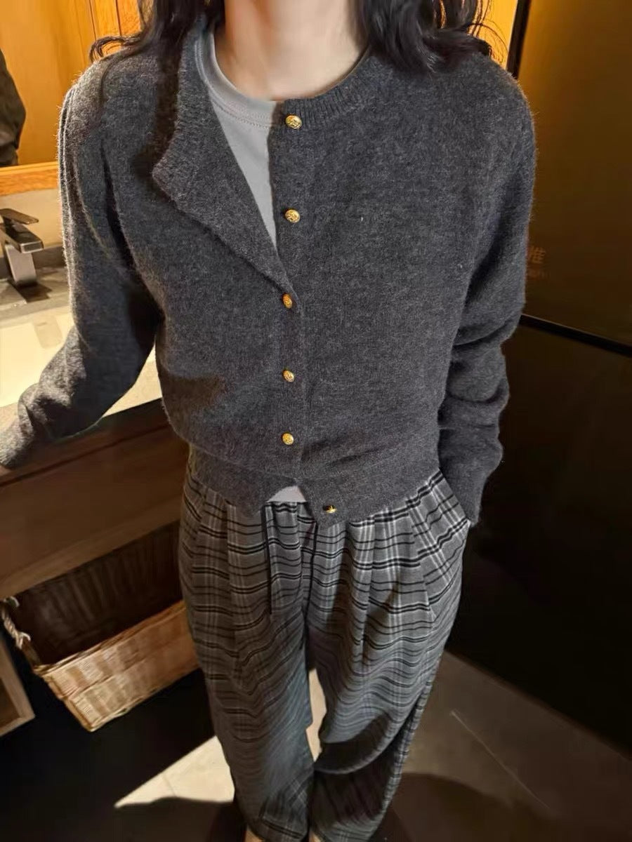 Versatile Solid-colored Cardigan Sweater Coat with Small Gold Buttons