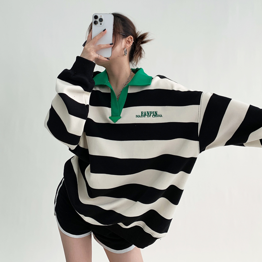 Men's Striped Embroidered Lapel Sweatshirt Pullover
