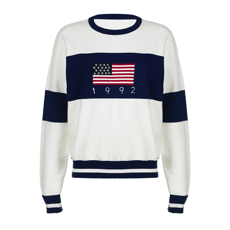 Preppy Flag Knit Sweater - Cozy Long Sleeve Pullover