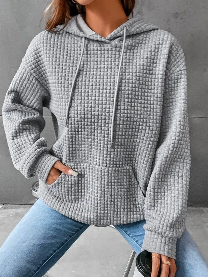 Women's Cozy Waffle Knit Solid Color Long Sleeve Hoodie