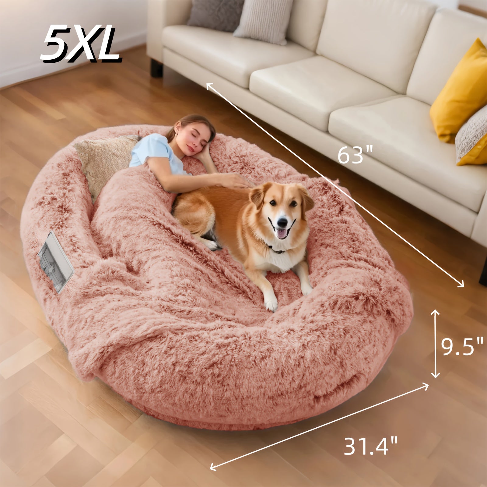 Oversized 71x45x12 Human Dog Bed - Orthopedic Washable Faux Fur Pet Bed With Plump Pillows & Blanket-like Strap, Grey Oval Bed For People & Puppies (all Dog Sizes) - Convertible Couch-like Napping