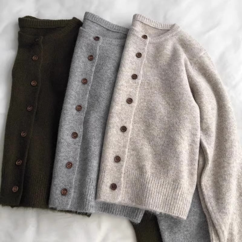Retro Crew Neck Knitted Cardigan for Women