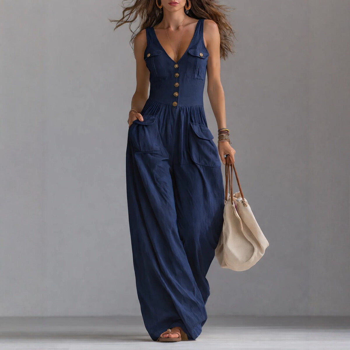 Casual Sleeveless Wide-Leg Jumpsuit with Pockets