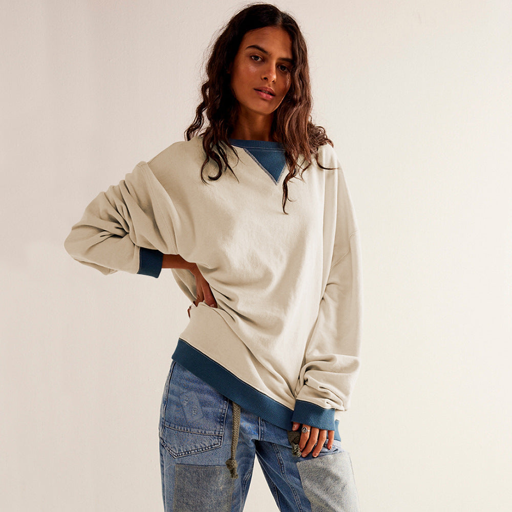 Color-Block Lantern Sleeve Casual Pullover Sweatshirt
