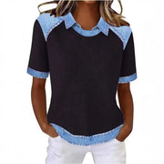 Denim Patchwork Loose Fit Crew Neck Tee – Casual Everyday Shirt