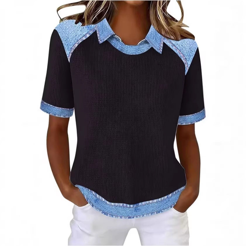 Denim Patchwork Loose Fit Crew Neck Tee – Casual Everyday Shirt