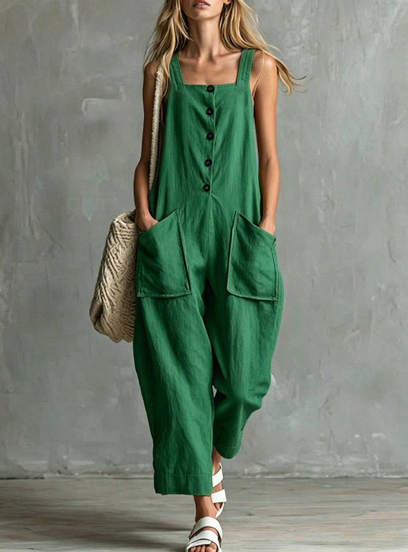 Wide-Leg Linen Overalls with Pockets