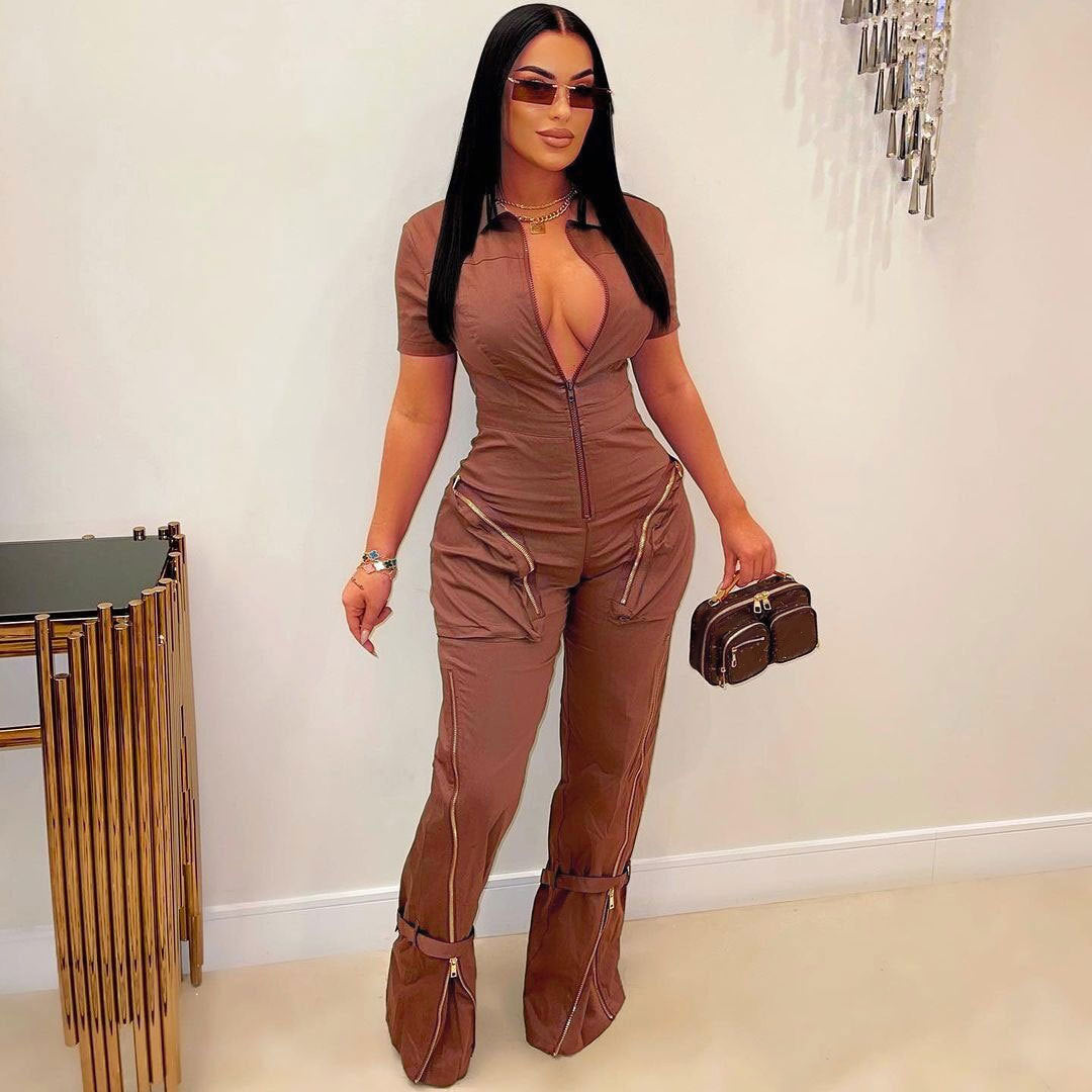 Summer Zipper Workwear With Pocket Jumpsuit