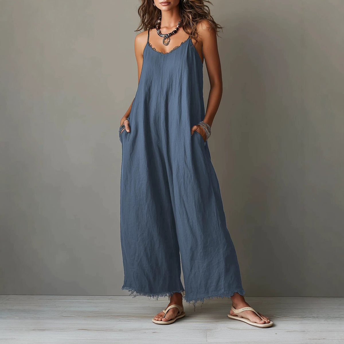Womens Loose-fitting Solid-color Wide-leg Jumpsuit With Straps