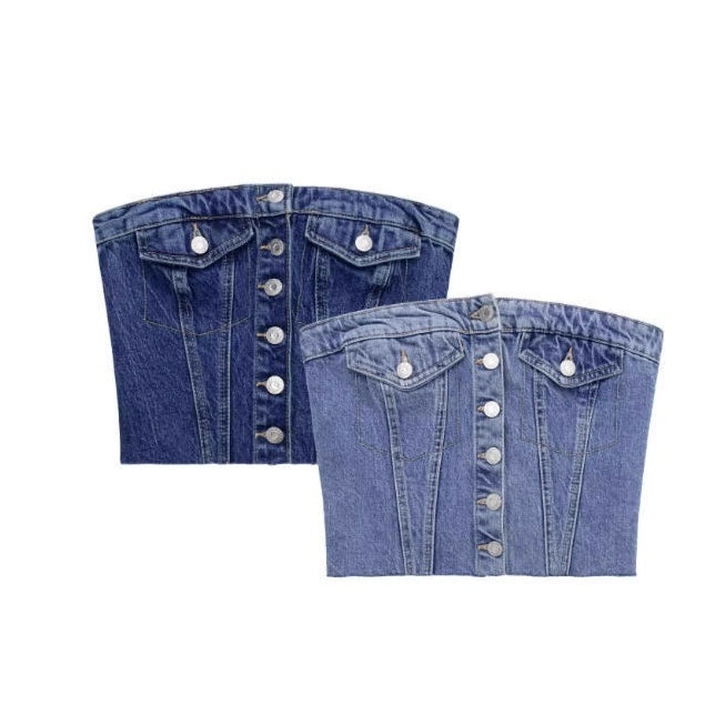 Navy & Sky Blue Denim‑Inspired Sleeveless Tube Top – Slim Fit
