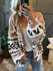 Loose and Lazy Style Jacquard Contrast Color Outerwear Knitted Cardigan Sweater