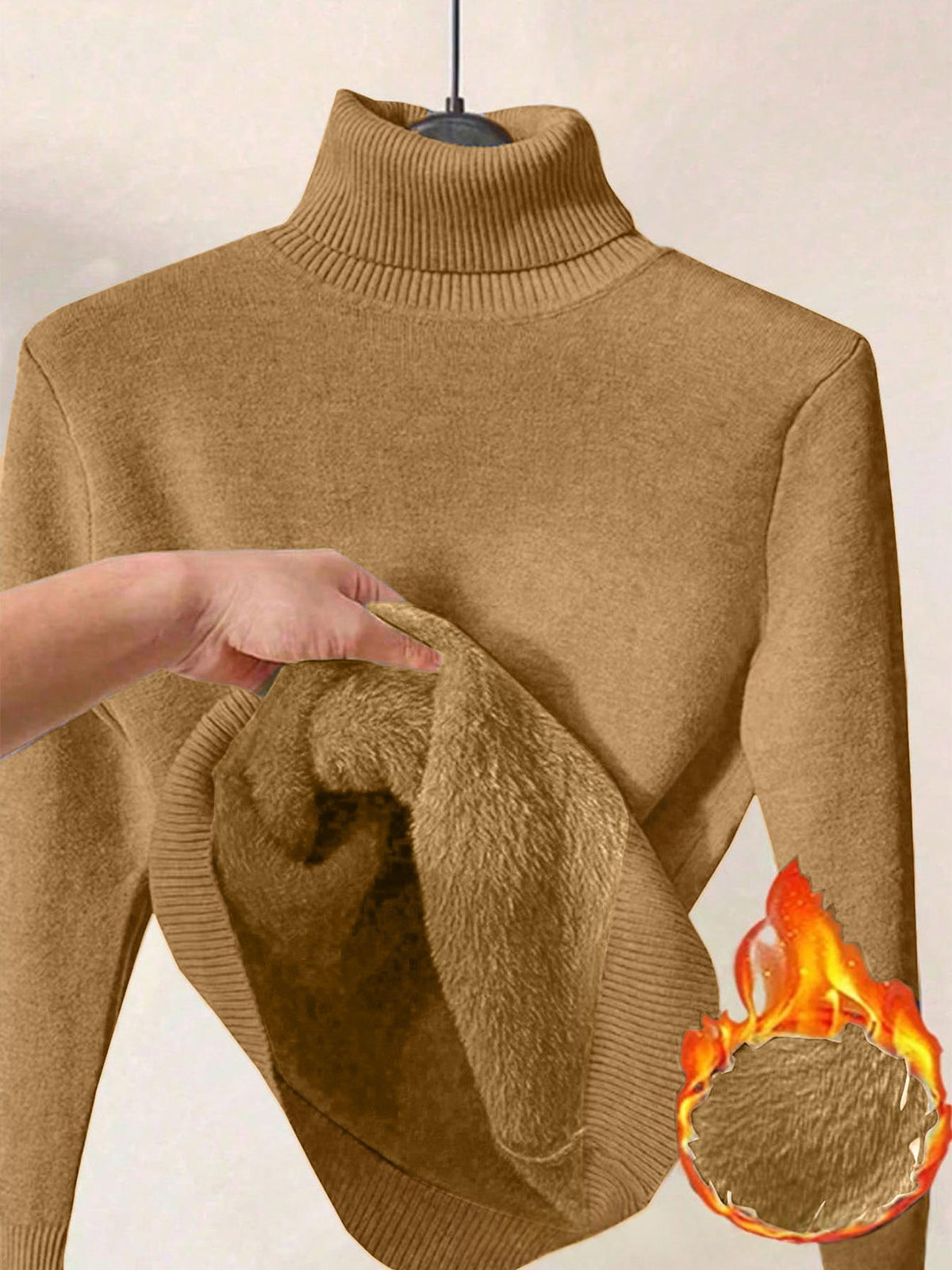 Womens Solid-color Thermal Turtleneck Fleece-lined Sweater