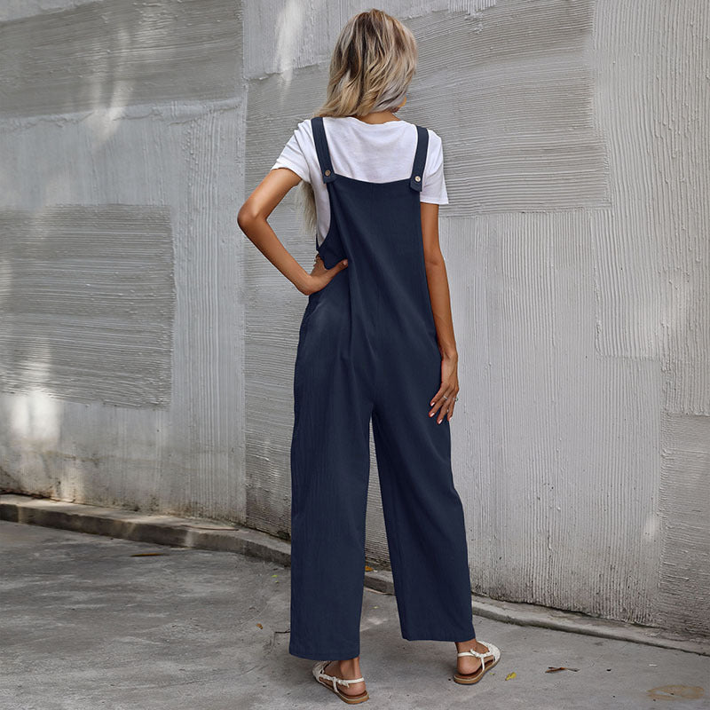 European And American Style Casual Simple Pocketed Sleeveless Suspender Jumpsuit