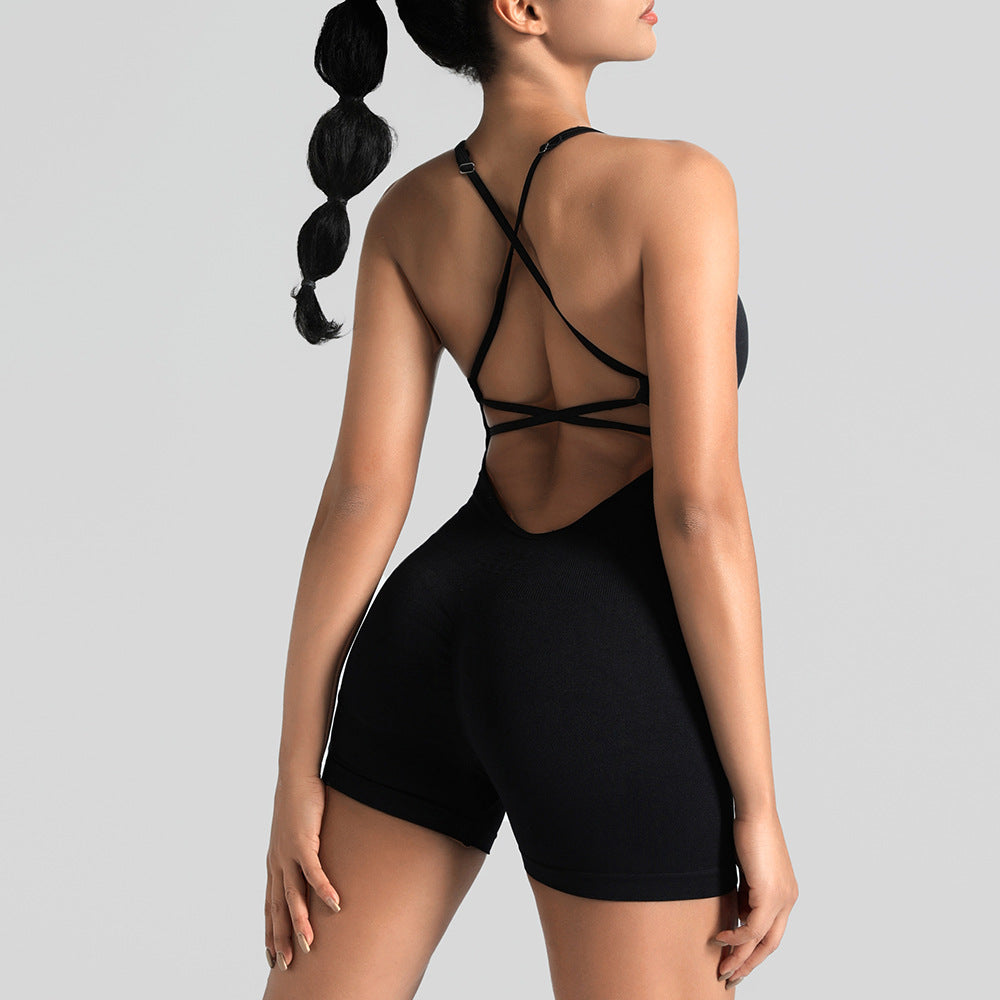 Seamless One-Piece Yoga Jumpsuit, Outdoor Back-Support Sports Bra, Peach Butt Fitness Outfit, Strappy Skin-Tight Bodysuit