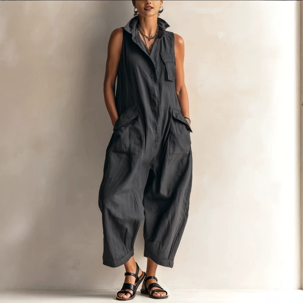 Casual Cotton Multi-Pocket Wide-Leg Jumpsuit