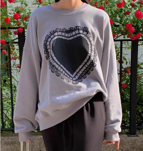 Cozy Heart Print Long Sleeve Crew Neck Sweatshirt