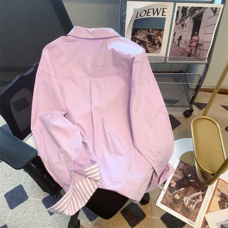 Purple Striped Polo Collar Shirt Women's Long-sleeved Top