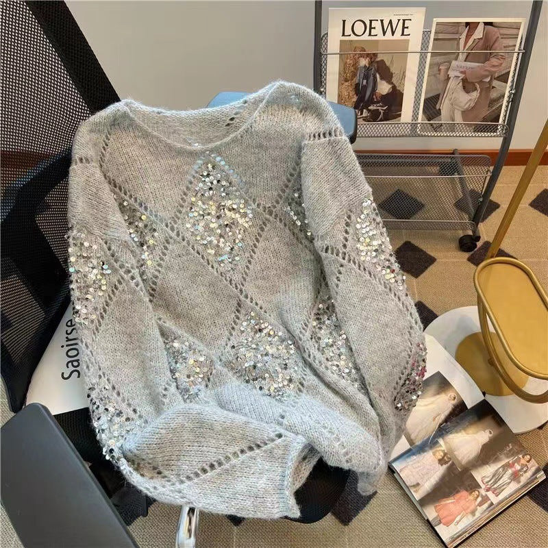 Heavy-duty Sequin Loose and Laid-back Thin Sweater with Patchwork Long Sleeves