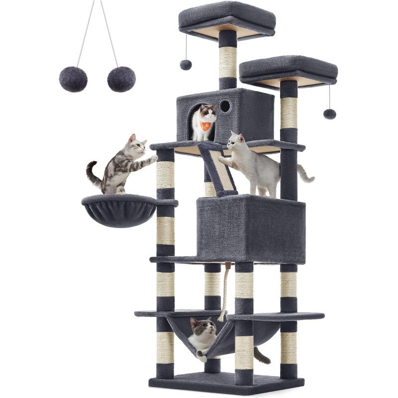 Feandrea Cat Tree, 66. 1-Inch Large Cat Tower With 13 Scratching Posts, 2 Perches, 2 Caves, Basket, Hammock, Pompoms, Multi-Level Plush Cat Condo For Indoor Cats, Tiny House Kits