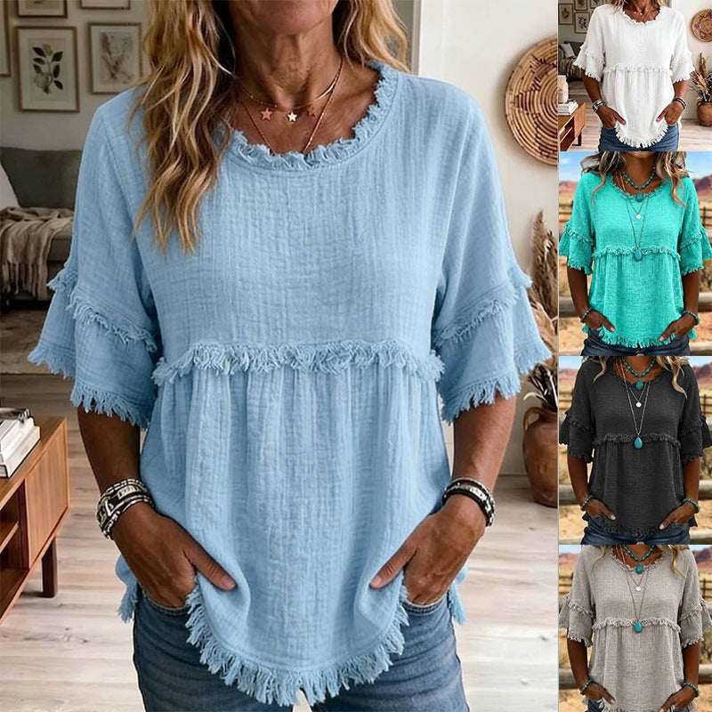Loose Fit Women's Blouse, Casual Short Sleeve Top